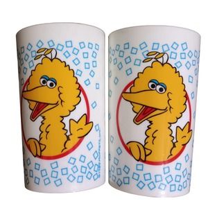 Big Bird Cups (2) Peter Pan Muppets 1989 4 1/2" Tall Great Condition Vintage